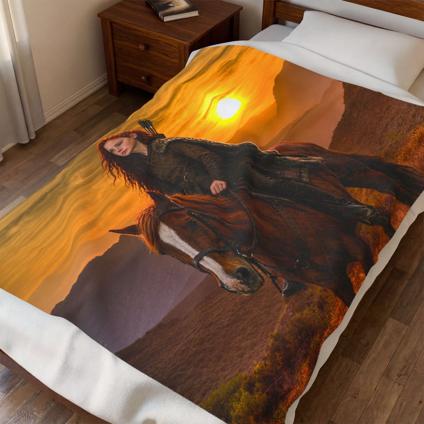 Sunset Rider Velveteen Plush Blanket — Western Horsewoman Cozy Throw