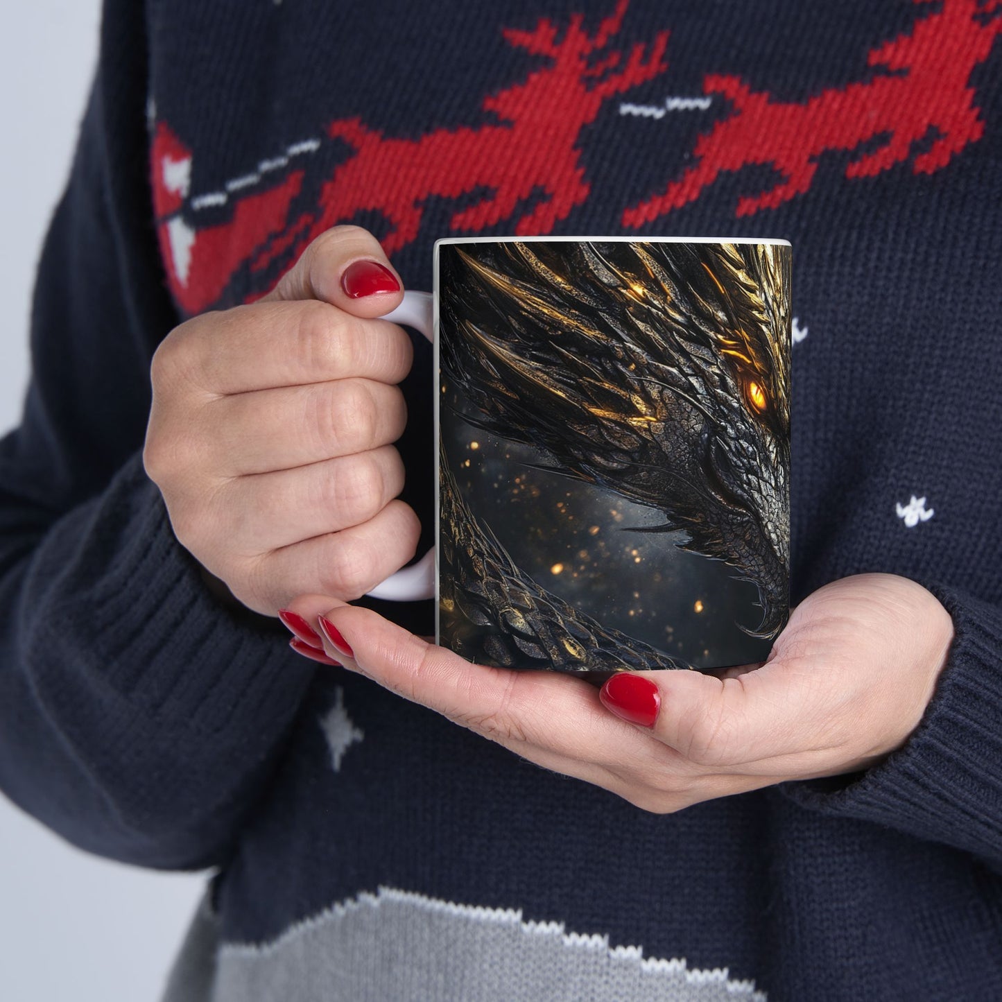 Fantasy Dragon & Woman Ceramic Mug - Enchanting 11oz Coffee Cup for Mythology Lovers