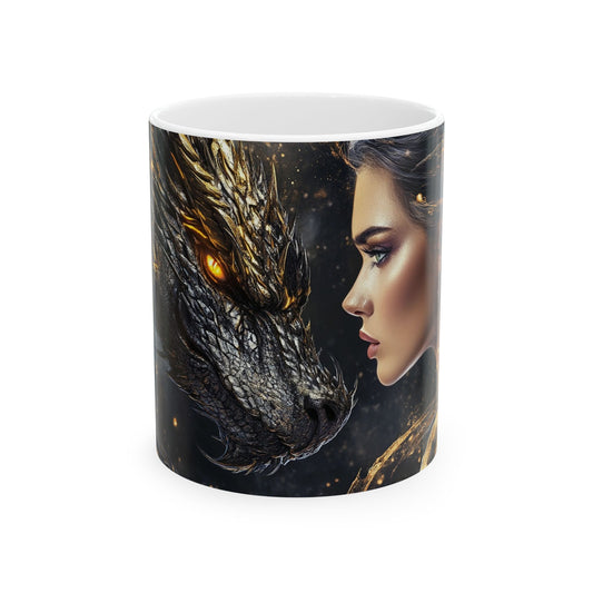Fantasy Dragon & Woman Ceramic Mug - Enchanting 11oz Coffee Cup for Mythology Lovers