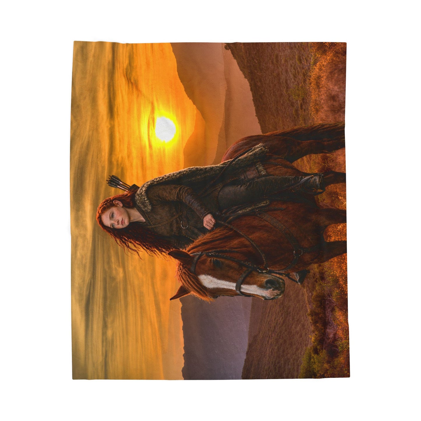 Sunset Rider Velveteen Plush Blanket — Western Horsewoman Cozy Throw